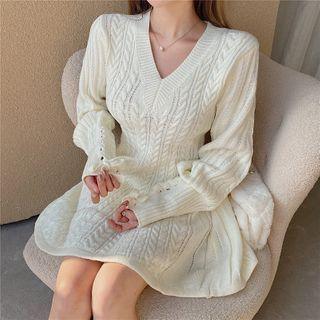 V-neck Cable Knit A-line Sweater Dress