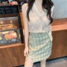 V-neck Lace Top / Plaid Straight Fit Mini Skirt
