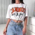 Lettering Drawstring-cuff Short-sleeve Cropped T-shirt