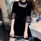 Mesh Panel Puff-sleeve Mini A-line Dress