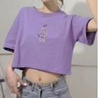Short Sleeve Bear Embroidered Cropped T-shirt