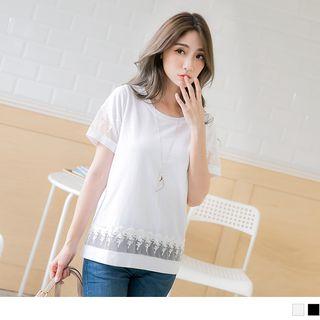 Mesh And Lace Panel Short Sleeve Top