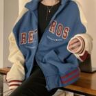 Color Panel Lettering Embroidered Baseball Jacket Blue - One Size