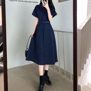 Short-sleeve Striped Belted Midi Shirt Dress