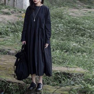Long-sleeve Pleated A-line Midi Dress Black - One Size