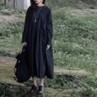 Long-sleeve Pleated A-line Midi Dress Black - One Size