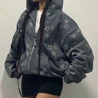 Long Sleeve Star Print Loose-fit Zip-up Hooded Jacket