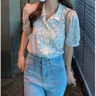 Short-sleeve Floral Printed Lace Trim Shirt Floral - One Size