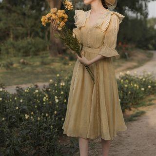 Embroidered Collar Elbow-sleeve Midi A-line Dress