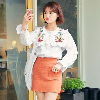 Embroidered-accent Frilled-trim Blouse