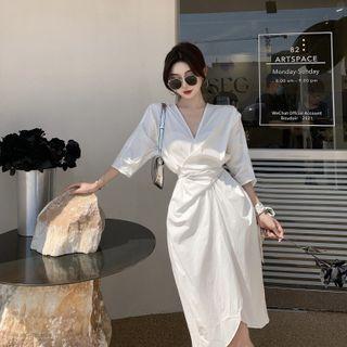 V-neck Tie-waist Midi Sheath Dress