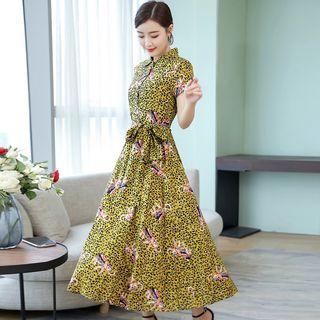 Short-sleeve Leopard-print Midi A-line Shirt Dress