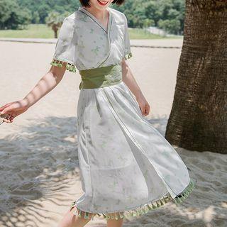 Tassel-detail Short-sleeve Dress With Belt
