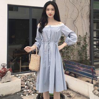 Plaid Off-shoulder Buttoned A-line Dress