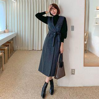 Double-breasted Striped Long Pinafore Dress With Sash