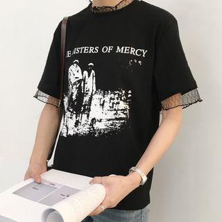 Lace Trim Short-sleeve Print T-shirt