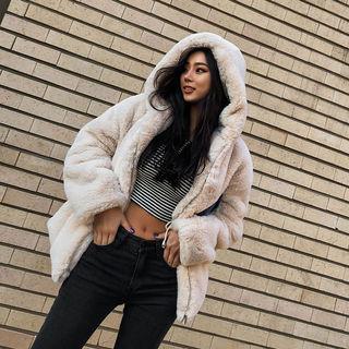 Drawstring-waist Hooded Faux-fur Jacket