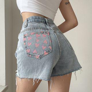 Frayed Heart Print Pocket Denim Shorts
