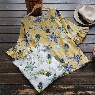 3/4-sleeve Ruffle Pineapple Printed Top