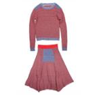 Set: Contrast Trim Sweater + Midi Knit Skirt As Shown In Figure - One Size