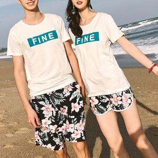 Couple Matching Lettering Short-sleeve T-shirt / Floral Print Shorts