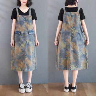 Floral Print Denim Midi A-line Overall Dress Yellow Flowers - Blue - One Size