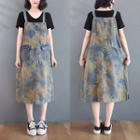 Floral Print Denim Midi A-line Overall Dress Yellow Flowers - Blue - One Size