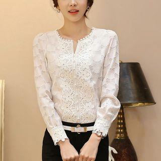 Crochet Lace Panel Long-sleeve Blouse