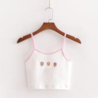 Contrast-trim Floral Embroidered Cropped Camisole Top