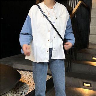 Contrast Sleeve Stand Collar Snap-button Jacket White - One Size