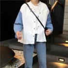 Contrast Sleeve Stand Collar Snap-button Jacket White - One Size