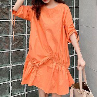 Elbow-sleeve Drawstring Shirred Mini Shift Dress