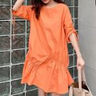 Elbow-sleeve Drawstring Shirred Mini Shift Dress