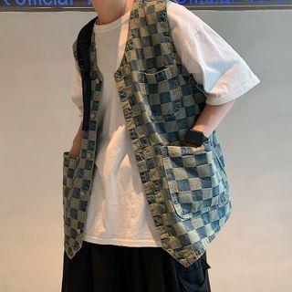 Checkered Button-up Denim Vest