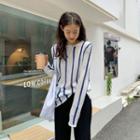 Long-sleeve Striped Knit Top Blue & White - One Size