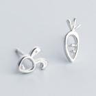 Non-matching 925 Sterling Silver Rhinestone Rabbit & Carrot Earring 1 Pair - S925 Sterling Silver - Silver - One Size