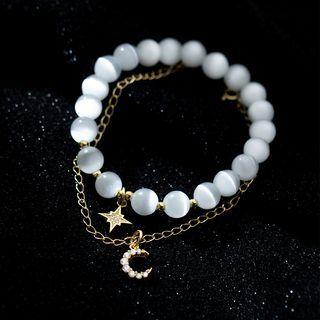 Moon & Star Faux Cat Eye Stone Sterling Silver Layered Bracelet Set - S925 Silver - Gold & White - One Size