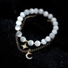 Moon & Star Faux Cat Eye Stone Sterling Silver Layered Bracelet Set - S925 Silver - Gold & White - One Size