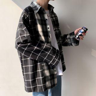 Pocket-front Gingham Panel Long-sleeve Shirt