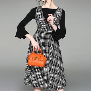 Set: Bell-sleeve Top + Plaid Pinafore Dress