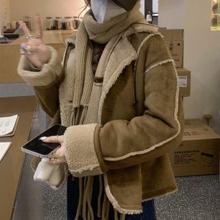 Fleece-lined Double-breasted Jacket Coffee - One Size