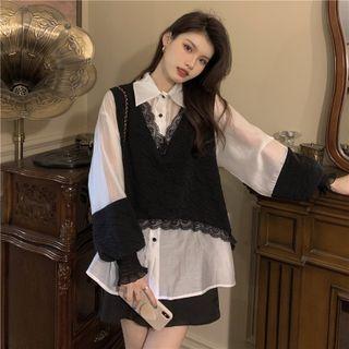 Lantern-sleeve Shirt / Lace Trim Vest