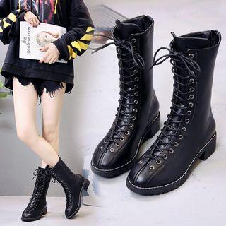 Faux Leather Lace Up Back Zipper Mid-calf Boots