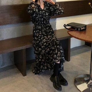 Floral Chiffon Ruffle Trim Long-sleeve A-line Dress Black - One Size