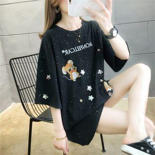 Mouse Embroidered Elbow-sleeve T-shirt