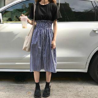 Mock Two-piece Plaid Short-sleeve Dress As Shown In Figure - One Size
