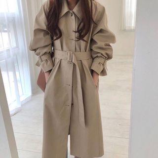 Long-sleeve Plain Belt Jacket Light Coffee - One Size