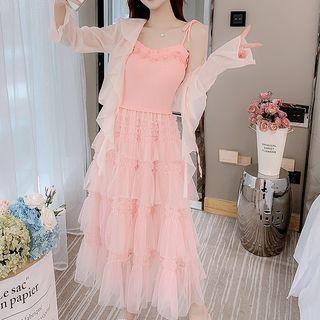 Puff-sleeve V-neck Mesh Spaghetti-strap Midi Dress / Long-sleeve Plain Ruffle Trim Chiffon Jacket