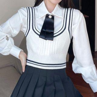 Set: Long-sleeve Ribbon Accent Blouse + Knit Crop Tank Top