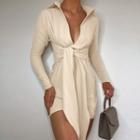 Tie-front Open-collar Mini Sheath Shirtdress
